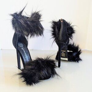 Jeffrey Campbell Black Faux Fur Cookie Heels Open Toe Stiletto Fuzzy Y2K 7.5
